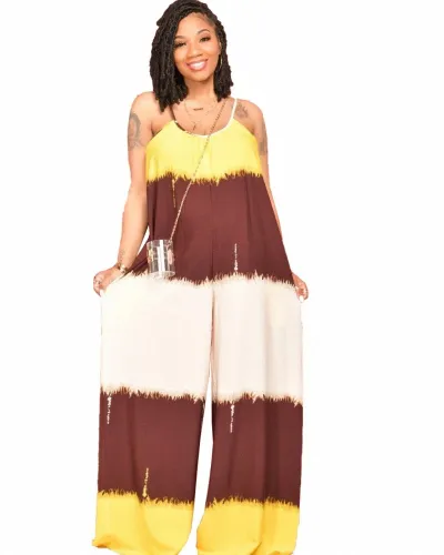 Women's Hot Sale Color Block Printed Straps Jumpsuit