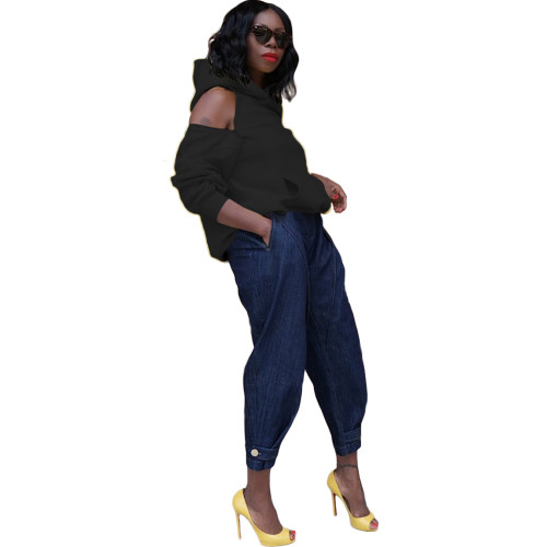 Casual Zipper Cold Shoulder Hoodie Sweatshirt