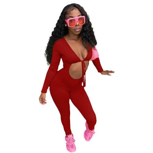 Solid Color Autumn Lace-up Cutout Jumpsuit