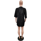 Spring Round Neck Loose Sequin Letter Mini Dress