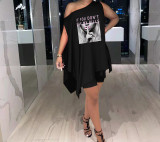 Solid Color Sleeveless Graphic Printed Two Piece Set