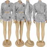 Solid Color Grey Leopard Print Long Sleeve Blouse and Shorts