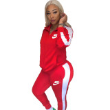 Ladies Casual Red High Neck Embroidered Letter Colorblock Pants Set