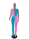 Color-block Crop Top & Pleated Split Micro-flare Stacked Pants