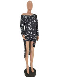 Print Slanted Shoulder Hem Split Dress