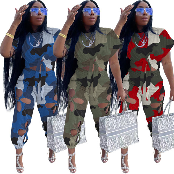 Plus Size Pierced Camouflage Print Two Piece Sets