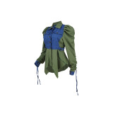 Double Collar Adjustable Tie Puff Long Sleeve Ruffle Denim Jacket