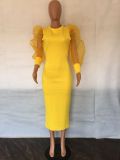 Fashion Mesh Puff Sleeve Elegant Slim Mid Dress