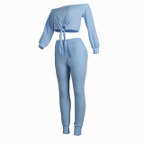 Solid Color Cotton Blended Women Light Blue Off The Shoulder Crop Top Pant Set