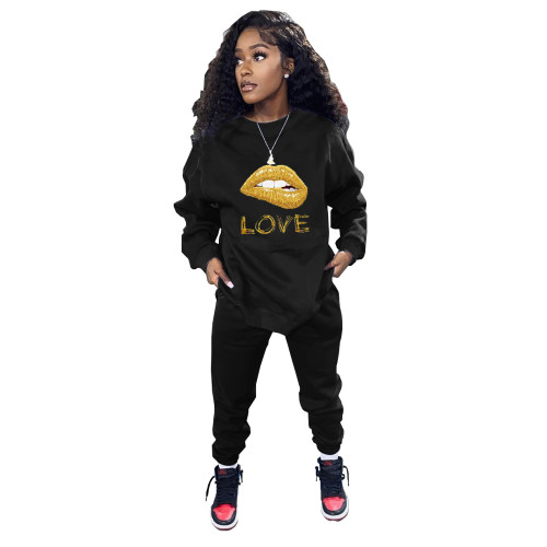 Fashion Black Pockets Mouth Printed Pullover Sweatshirt Pants Set
