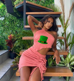 Wholesale Pink Print Halter Backless Pleated Skirt Set 2 Piece
