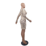 Champagne Elegant Casual Print Sexy Cutout Long Sleeve V-Neck Bodycon Dress
