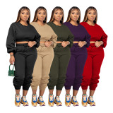 Autumn Winter Round Neck Loose Solid Color Crop Sweatshirt Pant Set