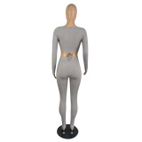 Autumn Rib Hollow Out Sexy Crop Top Two Piece Set