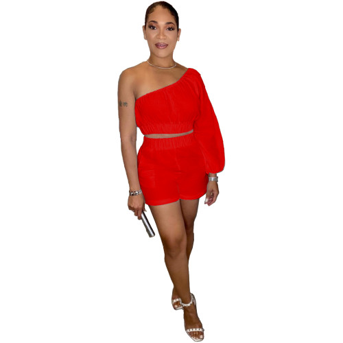 Solid Color Singe Shoulder Two Piece Short Set with Pockets