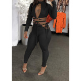 Fashion Women's Long Sleeves Open Front Bandage Crop Top Outfits Club 2pcs