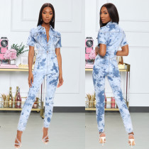 Plus Size Fashion Short Sleeve Washed Denim Jumpsuit