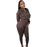 Women's Solid Color Velvet Zipper Hoodied Casual Two Piece Set