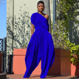 Royal Blue Casual Solid Split Joint Fold Asymmetrical Cross-Shoulder Short Sleeve Two Pieces