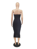 Black Solid Color Hollow Strapless Mid Dress