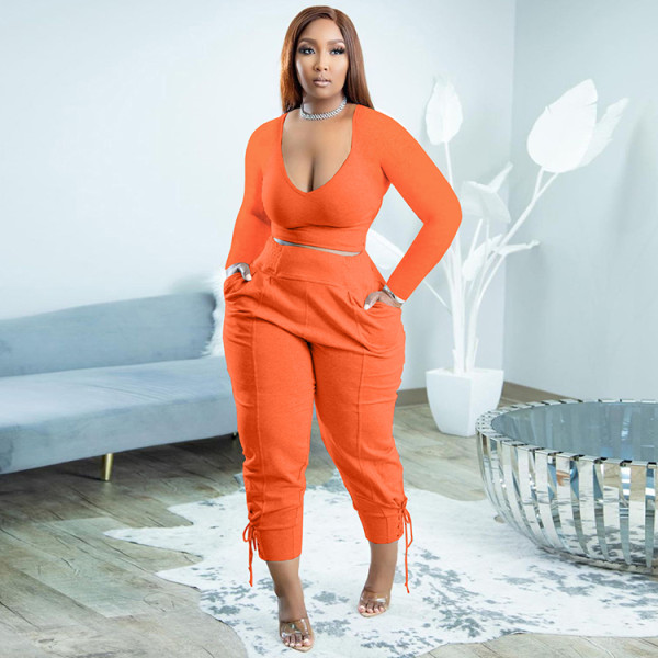 Tangerine Casual Solid Bandage Patchwork V Neck Plus Size Two Pieces Pant Set