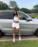 Solid Color White Ladies Vest Shorts Two Piece Set with Pockets