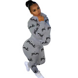 Casual High Neck Printed Letters Sweatshirt Pant Set
