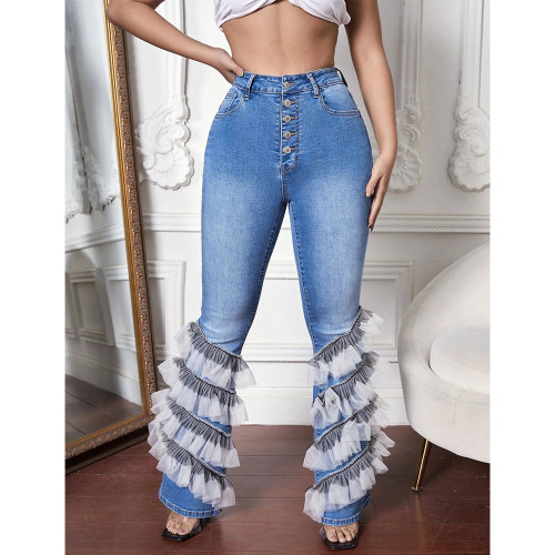 High Waist Button Fly Contrast Mesh Ruffle Trim Flare Leg Jeans