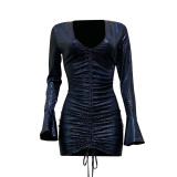Autumn Winter V Neck Flared Sleeve Drawstring Sexy Dress with Zipper