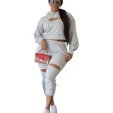 Solid Color Grey Drop-shoulder Hooded Sweatshirt Thick Sweatpants Set