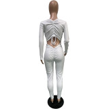 New Fashion Women Solid Long Sleeves Pleated Drawstring Skinny Casual Jumpsuit