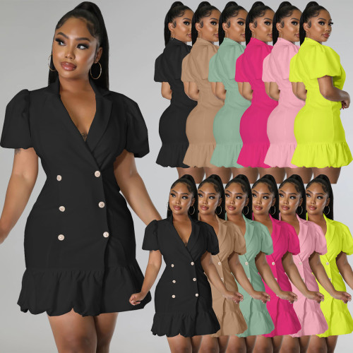Women's V Neck Dress Cute Puff Sleeve Button Down Casual A-Line Ruffle Swing Short Mini Dresses