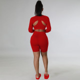Red Solid Color Sports Long Sleeves Shawl Vest & Shorts 3 Piece Set