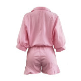 Solid Color Convertible Collar Ruffled Short Romper