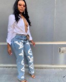 Casual Offset Printing Denim Trousers High Waist Blue Washed Jeans