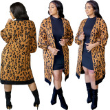 Women's Knitting Leopard Midi Cardigan Coat