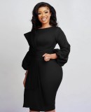 2023 Spring Women's Fashion Solid O-Neck Long Sleeve Pencil Elegant African Women Dresses