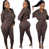 Women's Solid Color Velvet Zipper Hoodied Casual Two Piece Set