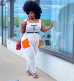 Fashion Letter Printed Wide Leg Casual Plus Size Tank Jumpsuit with Pocket