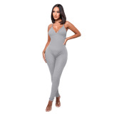 Solid Color Ribbed Straps Padded Casual Yoga Bodycon Jumpsuits