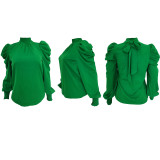 Women Bow Back Stand Neck Puff Long Sleeve Blouses Tops