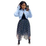 Fashion Women's Stitching Ribbed Casual Stand Collar Crop Padded Jacket