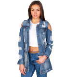 Blue Ripped Cut Out Cold Shoulder Denim Coat