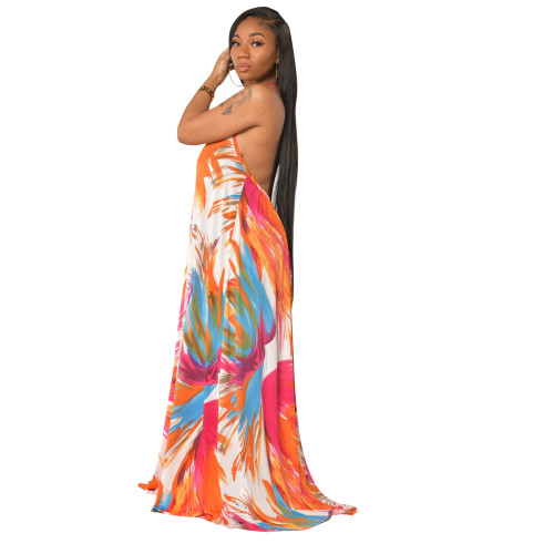 Casual Pattern Print Halter Maxi Dress