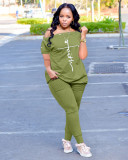 2022 Summer Loose Army Green Printed Slanted Shoulder Breasted Shirring Two Pieces Sets