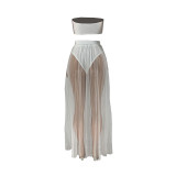 Solid Color Mesh Wrapped Top Hollow Pant and Perspective Long Skirt