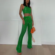 Knitted Crochet Tank Crop Top and High Waisted Tassel Flare Trousers Co Ord Set