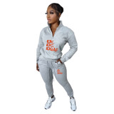 Autumn/Winter Fleece Printed Letter Pullover Zipper High Neck Casual Sports Two Pieces