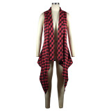 Casual Red Plaid Print Sleeveless Irregular Long Vest Coat