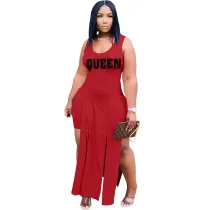 Solid Color Red Sleeveless Printed Two Piece Set Slit Long Dress and Shorts